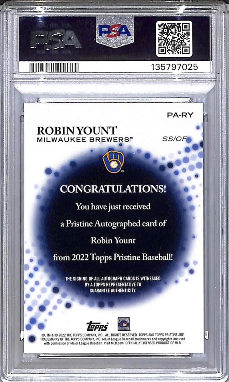 2022 Topps Pristine #PA-RY Robin Yount PSA 10 GEM MINT Auto Milwaukee Brewers - Baseball Card Single