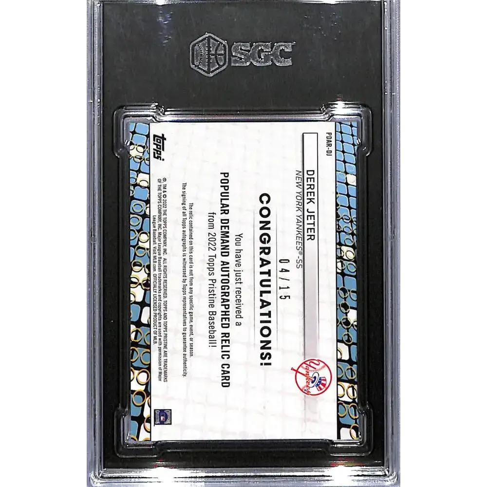 2022 Topps Pristine Popular Demand Autographed Relic Refractor Pink #PDAR-DJ Derek Jeter SGC 10 Gem MEM Auto 4/15 New