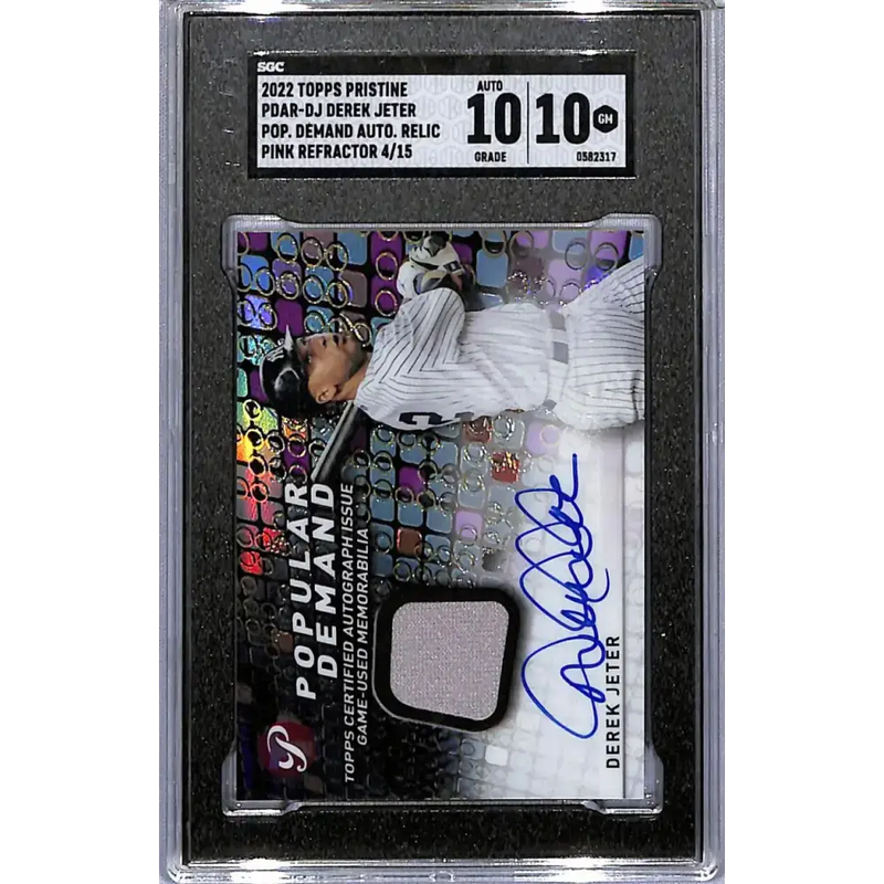 2022 Topps Pristine Popular Demand Autographed Relic Refractor Pink #PDAR-DJ Derek Jeter SGC 10 Gem MEM Auto 4/15 New