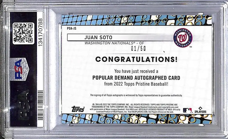 2022 Topps Pristine Popular Demand Gold #PDA-JS Juan Soto PSA 10 GEM MINT Auto 1/50 Washington Nationals - Baseball