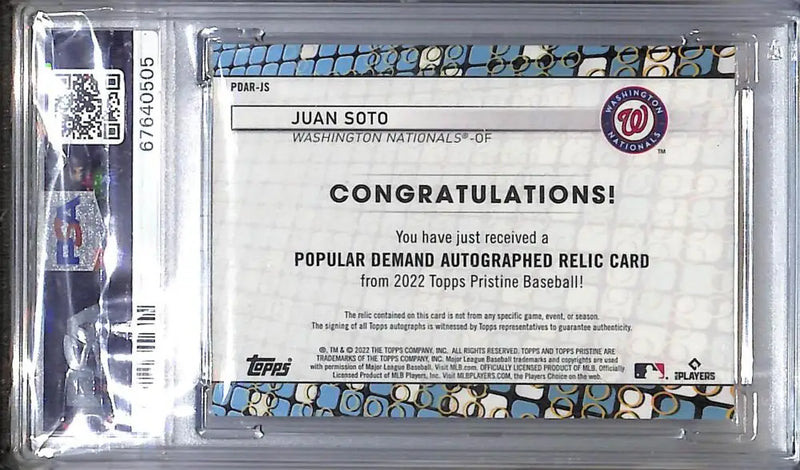 2022 Topps Pristine Popular Demand #PDAR-JS Juan Soto PSA 10 GEM MINT MEM Auto Washington Nationals