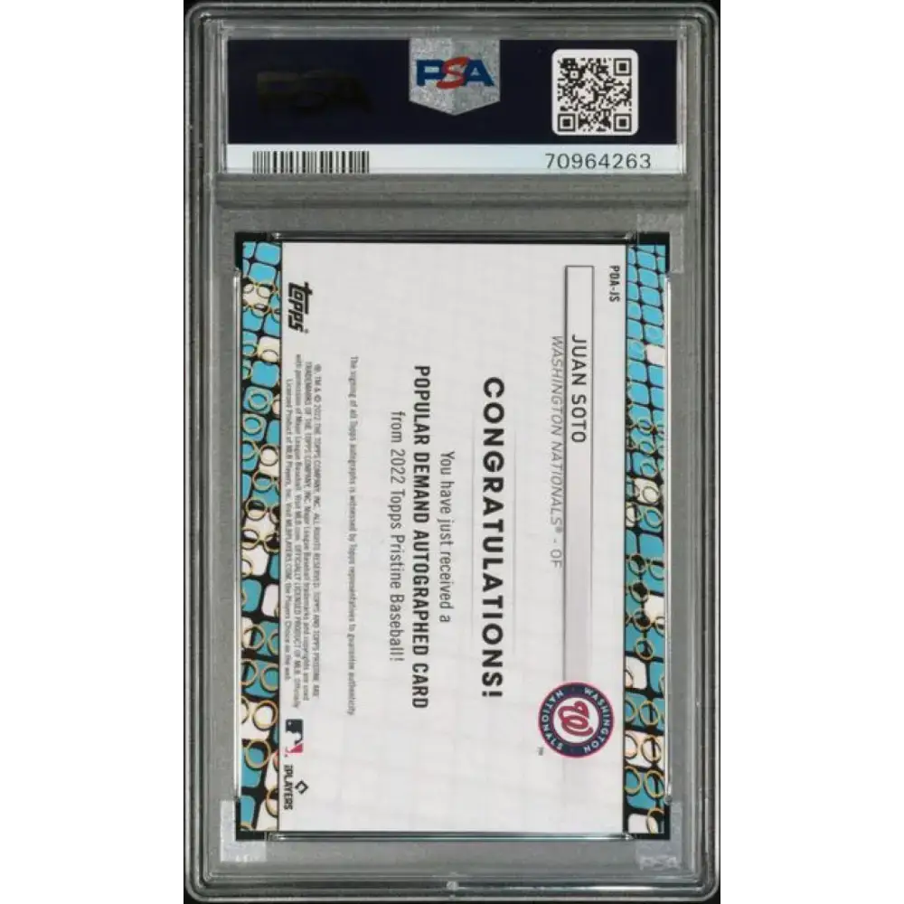 2022 Topps Pristine Popular Demand Refractor #PDA-JS Juan Soto PSA 10 GEM MINT Auto Washington Nationals Baseball Card