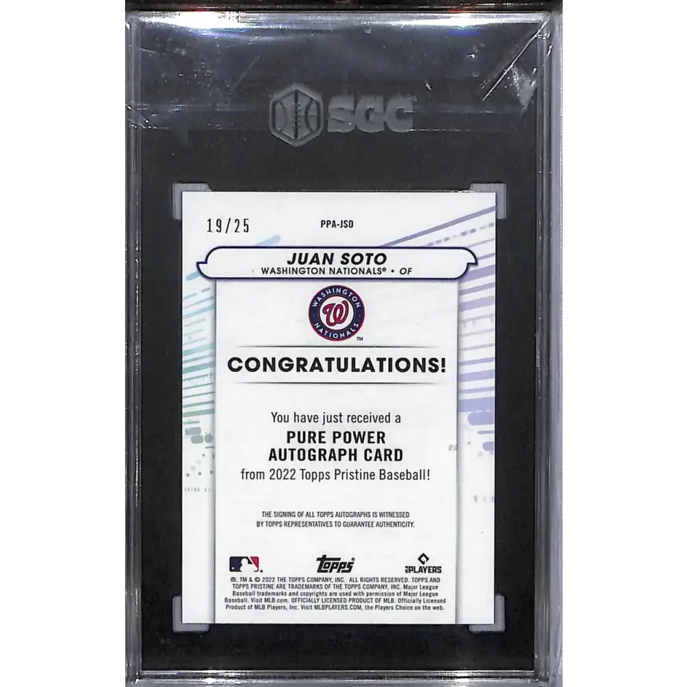 2022 Topps Pristine Pure Power Refractor Orange #PPA-JSO Juan Soto SGC 10 Gem Auto 19/25 Washington Nationals Baseball