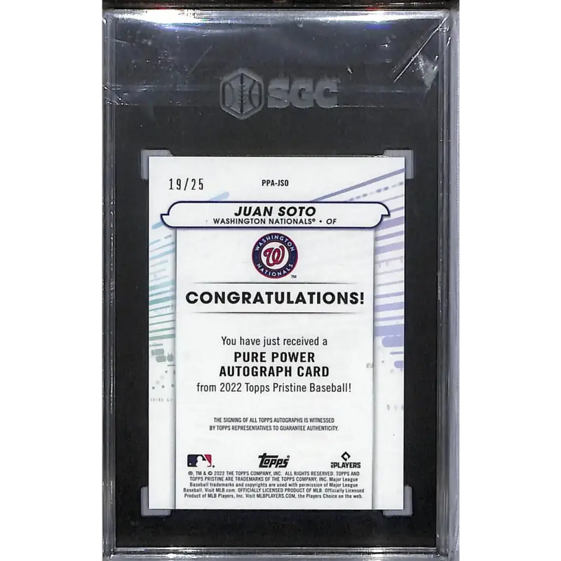 2022 Topps Pristine Pure Power Refractor Orange #PPA-JSO Juan Soto SGC 10 Gem Auto 19/25 Washington Nationals Baseball