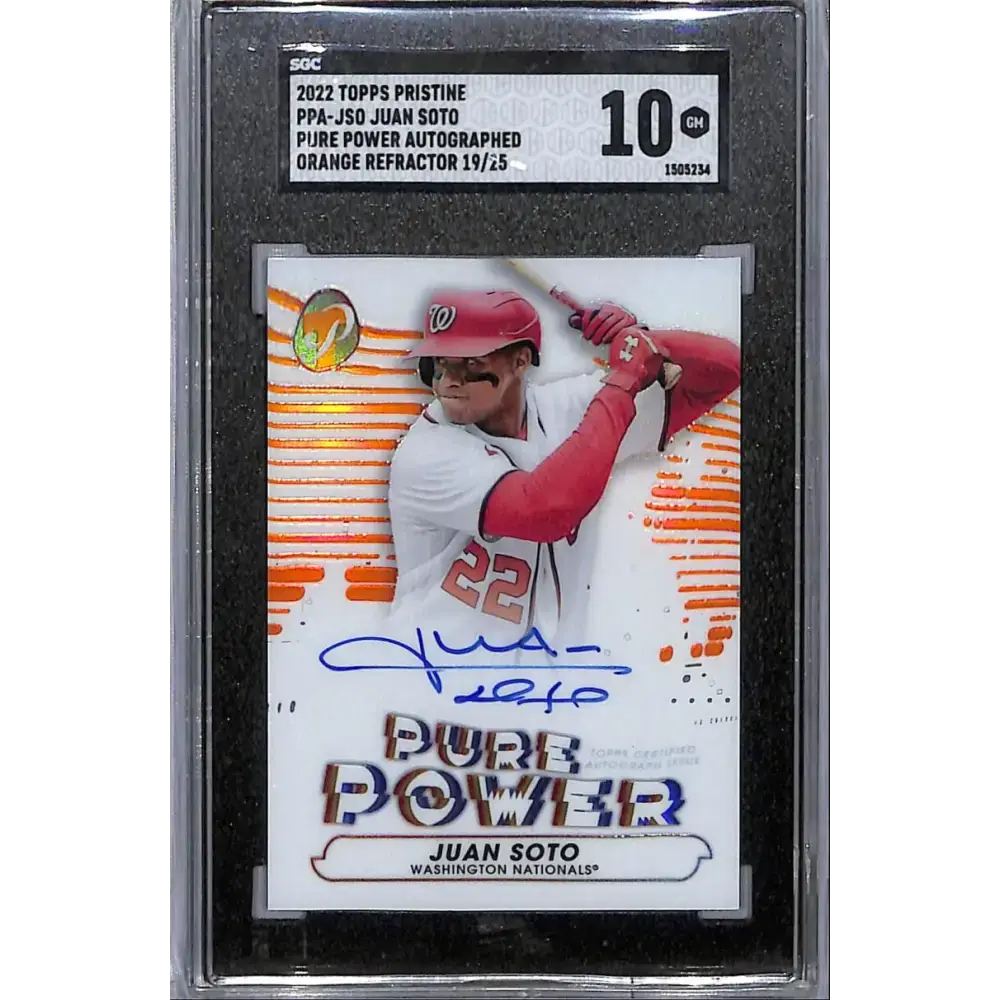 2022 Topps Pristine Pure Power Refractor Orange #PPA-JSO Juan Soto SGC 10 Gem Auto 19/25 Washington Nationals Baseball