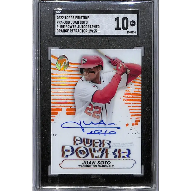 2022 Topps Pristine Pure Power Refractor Orange #PPA-JSO Juan Soto SGC 10 Gem Auto 19/25 Washington Nationals Baseball
