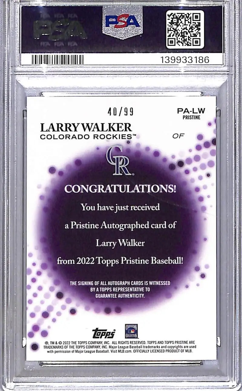 2022 Topps Pristine Purple #PA-LW Larry Walker PSA 10 GEM MINT Auto 40/99 Colorado Rockies