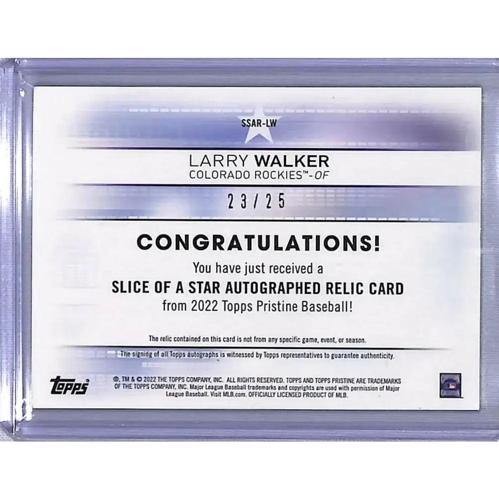 2022 Topps Pristine Slice Of A Star #SSAR-LW Larry Walker EX Excellent MEM Auto 23/25 Colorado Rockies Baseball Card