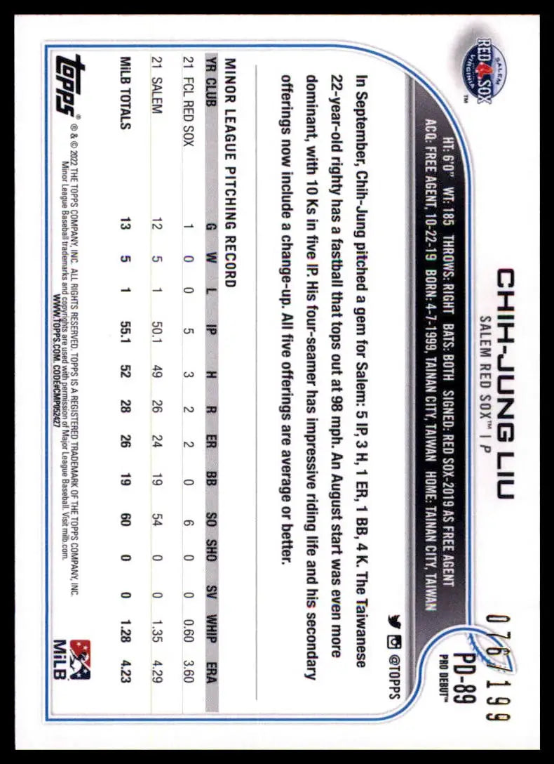 2022 Topps Pro Debut - Fuchsia Chih-Jung Liu PD-89 /199 Salem Red Sox NM - Baseball Card Single