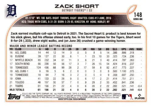 2022 Topps Rainbow Foil Zack Short Tigers rookie baseball card in mint condition