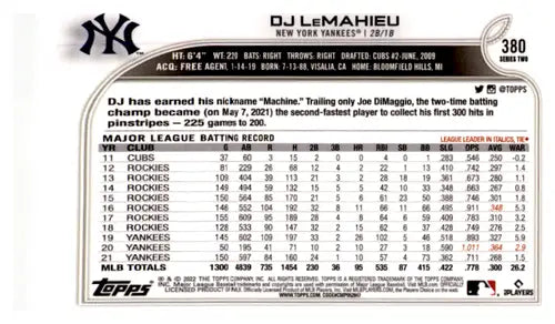 2022 Topps Rainbow Foil #380 DJ LeMahieu NM-MT Yankees ID:43910 - Baseball Card Single
