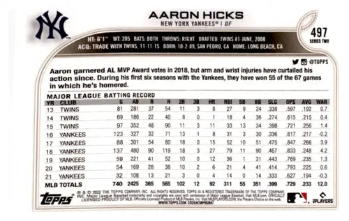2022 Topps Rainbow Foil #497 Aaron Hicks NM-MT Yankees ID:43913 - Baseball Card Single