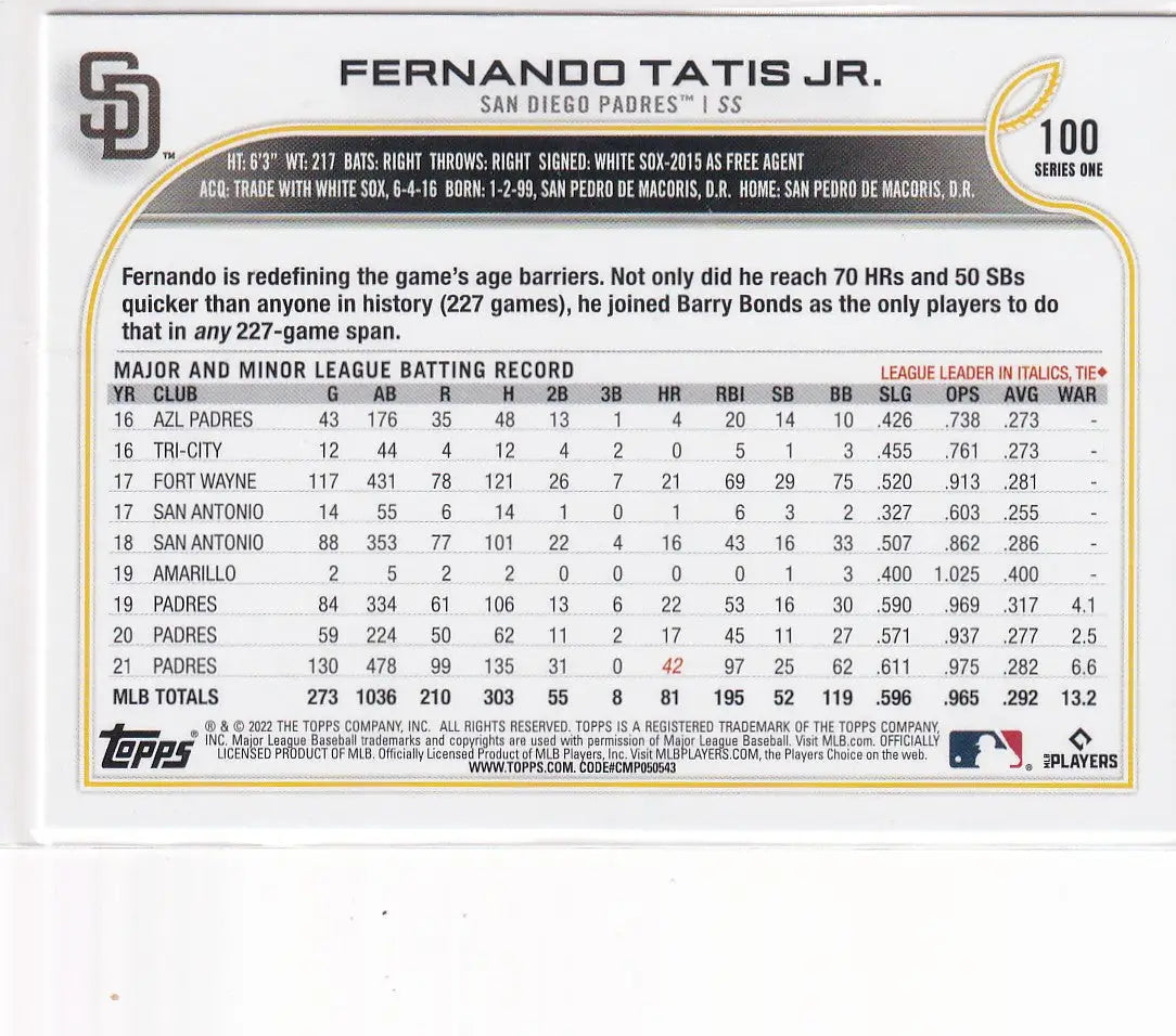 2022 TOPPS SERIES ONE #100 FERNANDO TATIS JR- SAN DIEGO PADRES - Baseball Card Single