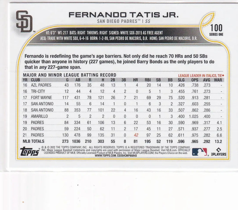 2022 TOPPS SERIES ONE #100 FERNANDO TATIS JR- SAN DIEGO PADRES - Baseball Card Single