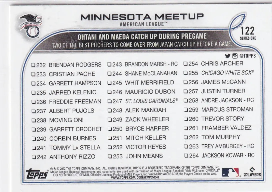 2022 TOPPS SERIES ONE #122 MINNESOTA MEETUP- ANGELS - Baseball Card Single