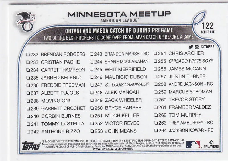 2022 TOPPS SERIES ONE #122 MINNESOTA MEETUP- ANGELS - Baseball Card Single