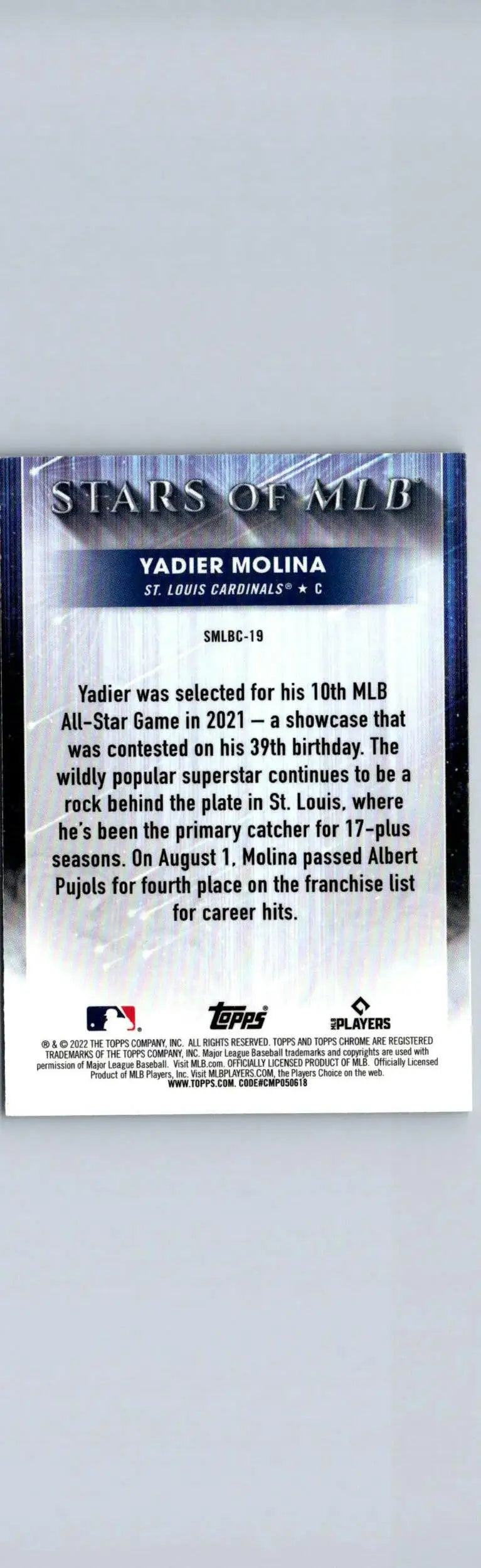 2022 Topps Yadier Molina Stars of MLB Chrome baseball card featuring Yadier Molina