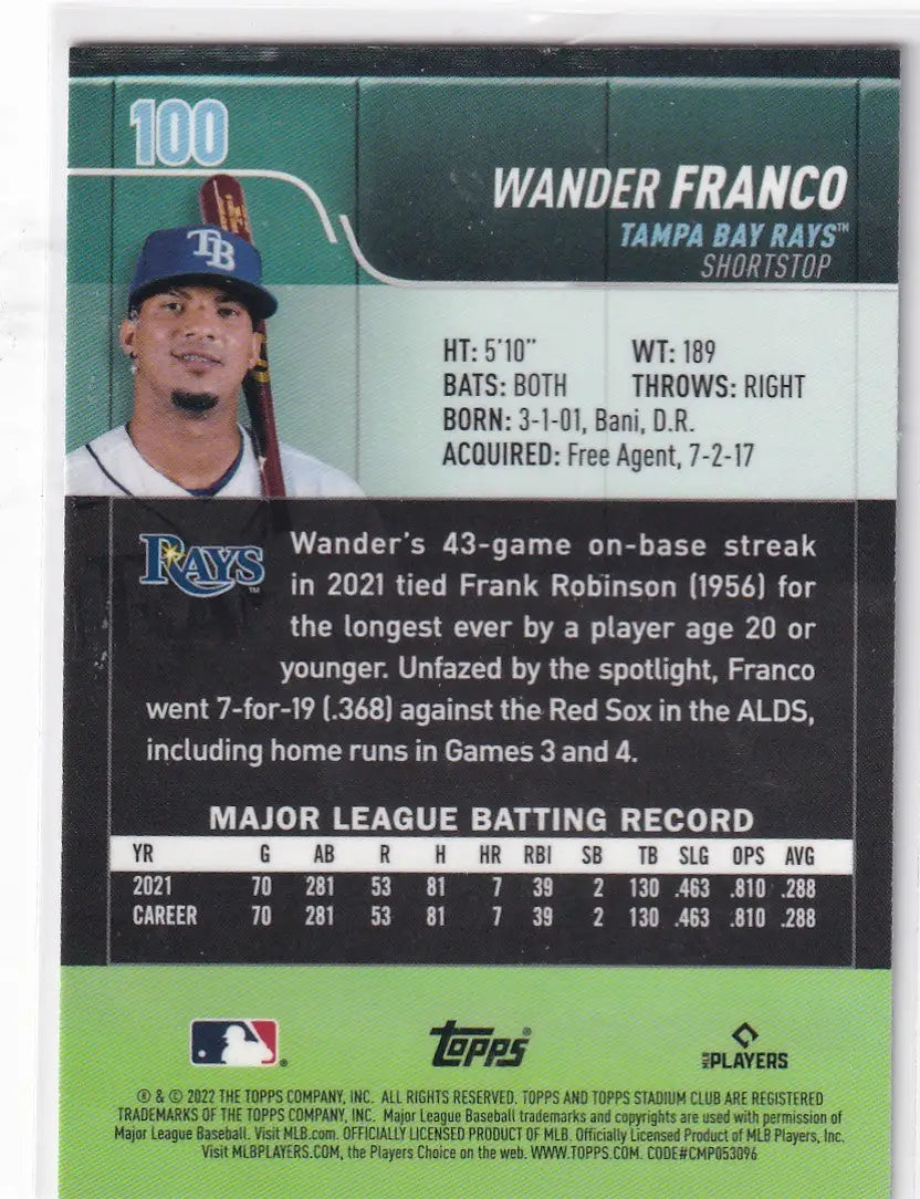 2022 TOPPS STADIUM #100 WANDER FRANCO- TAMPA BAY RAYS - Baseball Card Single