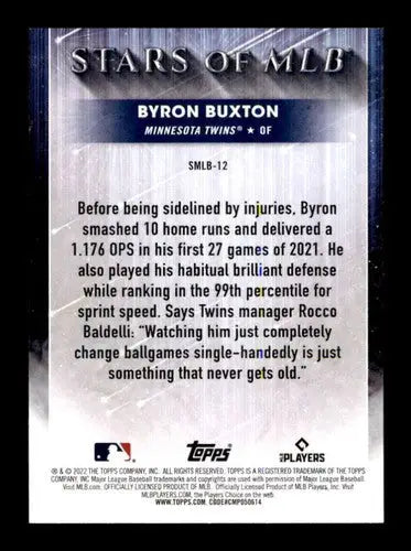 Back of 2022 Topps Stars of MLB Byron Buxton baseball card with original gloss