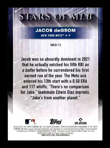 2022 Topps Stars of MLB #SMLB-13 Jacob deGrom NM-MT Mets - Baseball Card Single