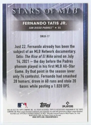 2022 Topps Stars of MLB #SMLB-17 Fernando Tatis Jr. NM-MT Padres - Baseball Card Single