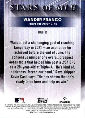 2022 Topps Stars of MLB #SMLB-20 Wander Franco NM-MT Rays ID:42078 - Baseball Card Single