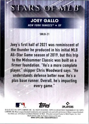 2022 Topps Stars of MLB #SMLB-21 Joey Gallo NM-MT Yankees ID:44606 - Baseball Card Single