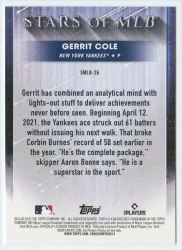 2022 Topps Stars of MLB Gerrit Cole baseball card back with original gloss