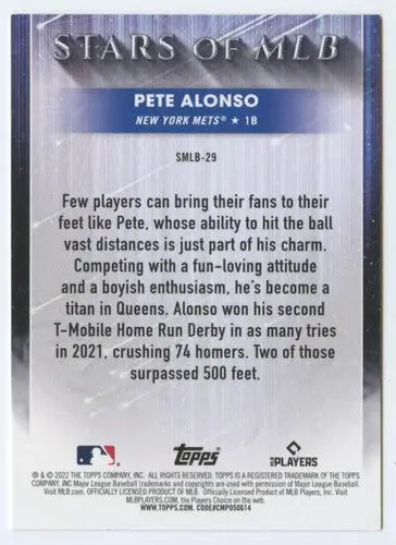 Original gloss Pete Alonso baseball card from 2022 Topps Stars of MLB series