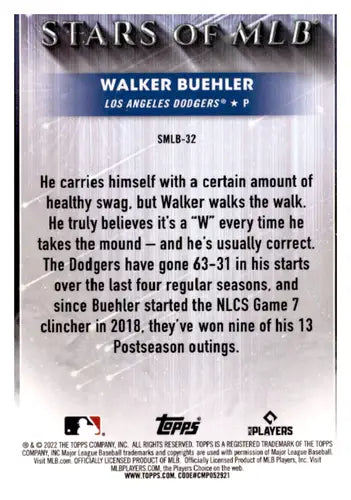 Walker Buehler baseball card back with original gloss from 2022 Topps Stars of MLB