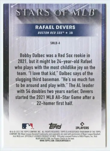 Rafael Devers baseball card from 2022 Topps Stars of MLB with original gloss and Red Sox ID