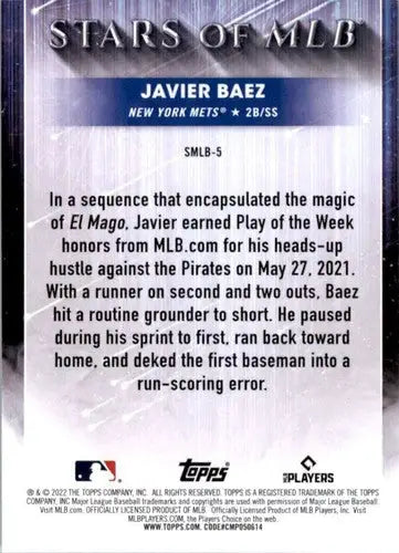 2022 Topps Stars of MLB #SMLB-5 Javier Baez NM-MT Mets - Baseball Card Single