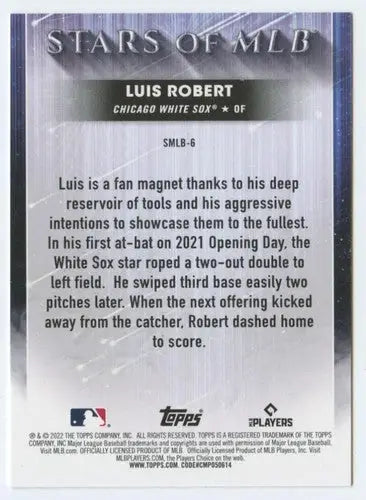 Luis Robert baseball card back from 2022 Topps Stars of MLB with original gloss