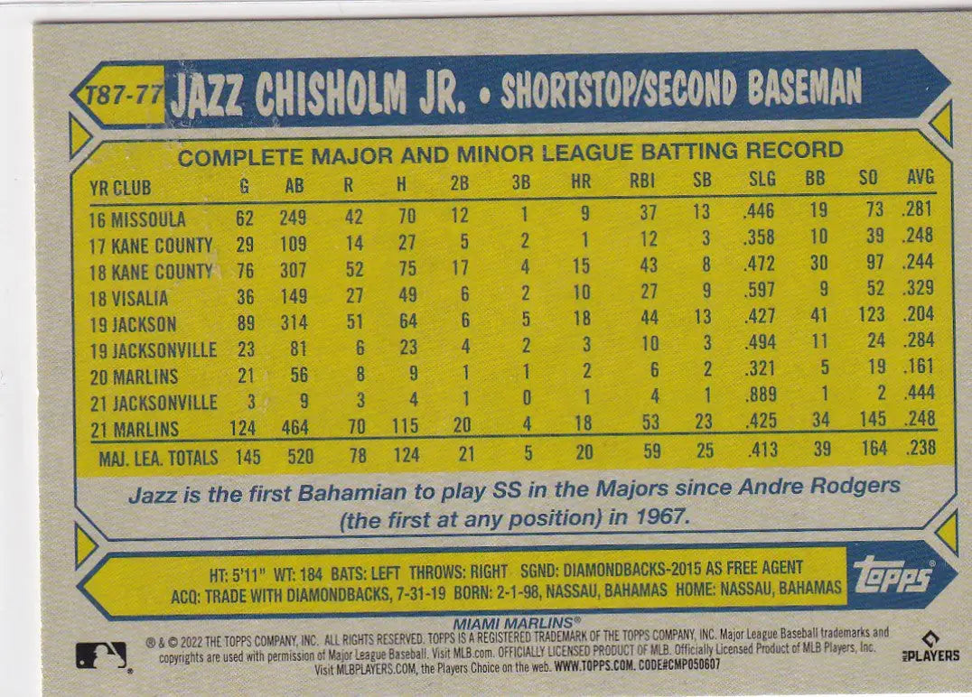 2022 TOPPS #T87-77 JAZZ CHISHOLM JR- MIAMI MARLINS - Baseball Card Single