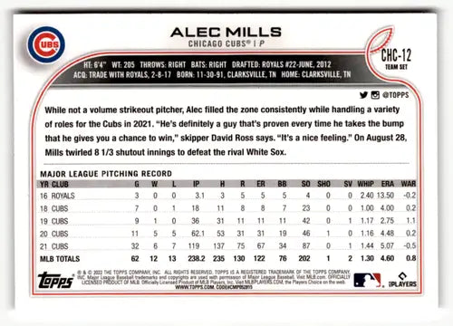 Alec Mills baseball card from 2022 Topps team sets Chicago Cubs near mint condition