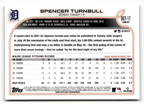 2022 Topps Team Sets Detroit Tigers #DET-17 Spencer Turnbull NM Near Mi ID:49084 - Baseball Card Single