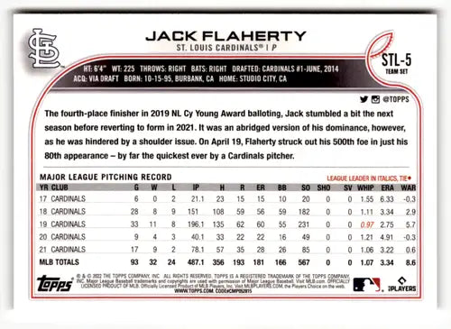 Jack Flaherty Louis Cardinals baseball card with original gloss from 2022 Topps Set