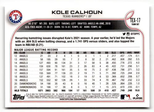 Baseball card from 2022 Topps Team Sets Texas Rangers featuring Kole Calhoun