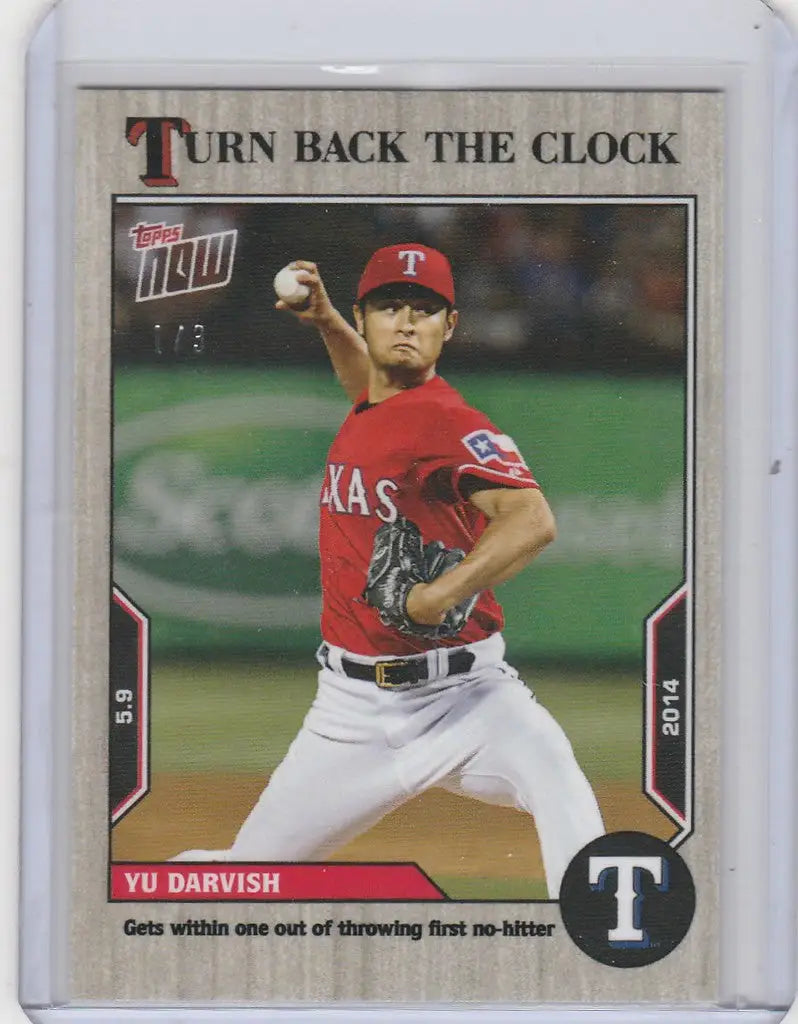 Baseball card of Darvish Texas Rangers in mid-throw from Topps Turn Back the Clock Ash Parallel