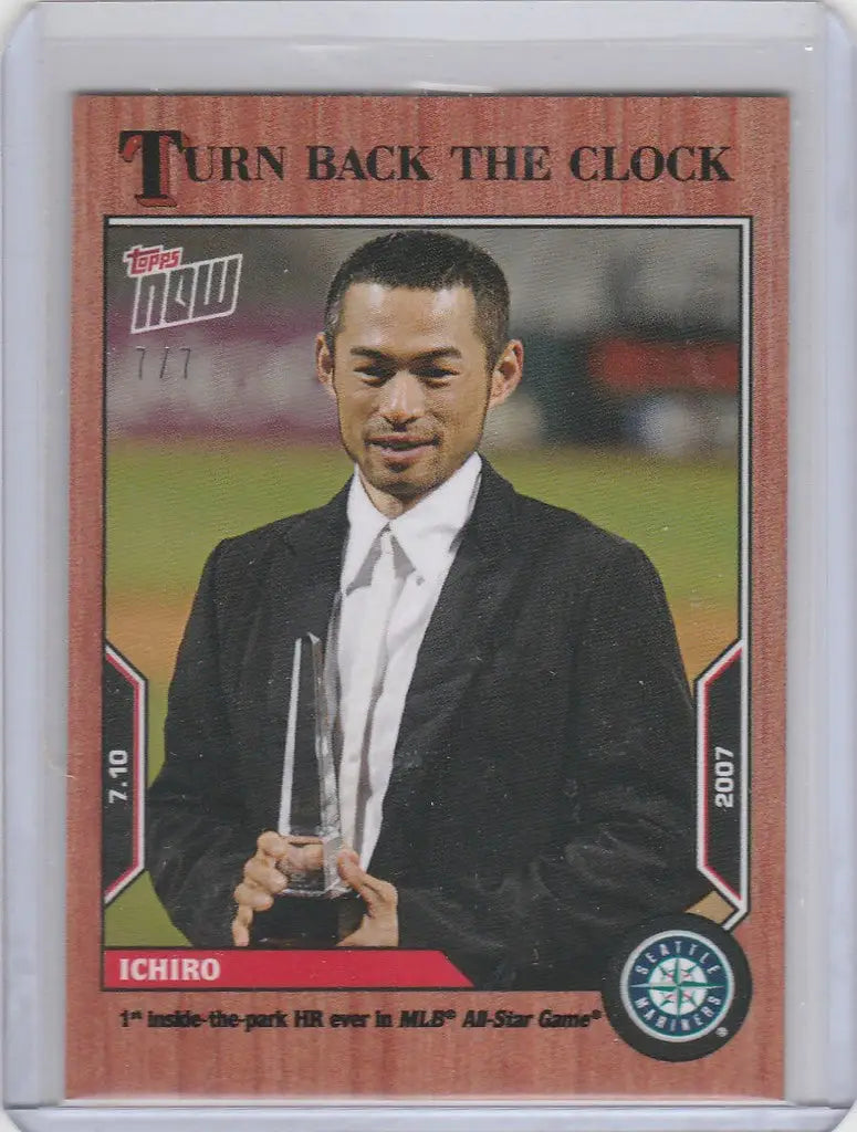 Baseball trading card of Ichiro Mariners in suit holding trophy from Topps Turn Back the Clock Cherry Parallel