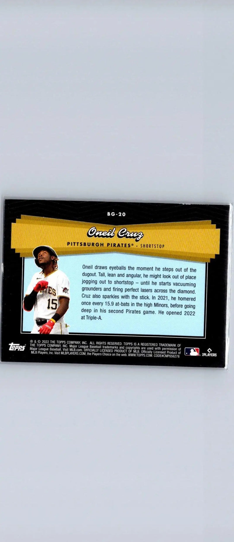 Oneil Cruz baseball card from 2022 Topps Update #BG-20 Oneil Cruz Topps Black Gold