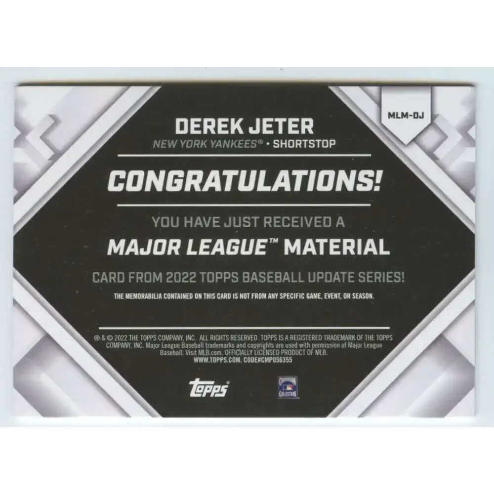 2022 Topps Update Major League Material Relics #MLM-DJ Derek Jeter NM-MT MEM New York Yankees Baseball Card - Baseball