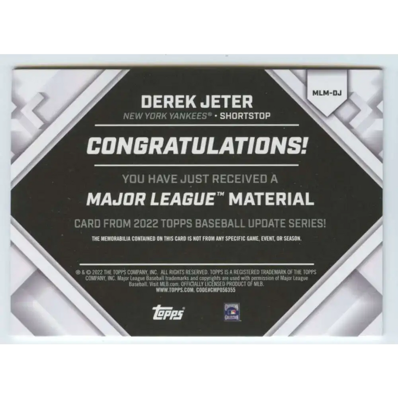 2022 Topps Update Major League Material Relics #MLM-DJ Derek Jeter NM-MT MEM New York Yankees Baseball Card - Baseball