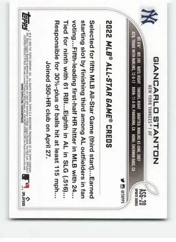 Baseball card of Giancarlo Stanton from 2022 Topps Update MLB All-Star Game #ASG-20 with original gloss