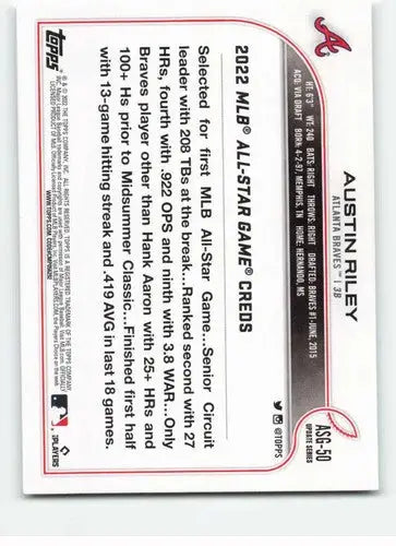 Baseball card back from 2022 Topps Update featuring Austin Riley with original gloss