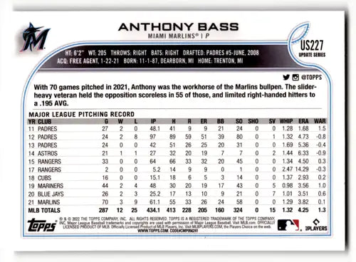 2022 Topps Update Rainbow Foil #US227 Anthony Bass NM-MT Marlins ID:47353 - Baseball Card Single