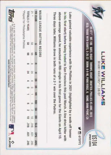 2022 Topps Update Luke Williams baseball card NM-MT RC Marlins original gloss