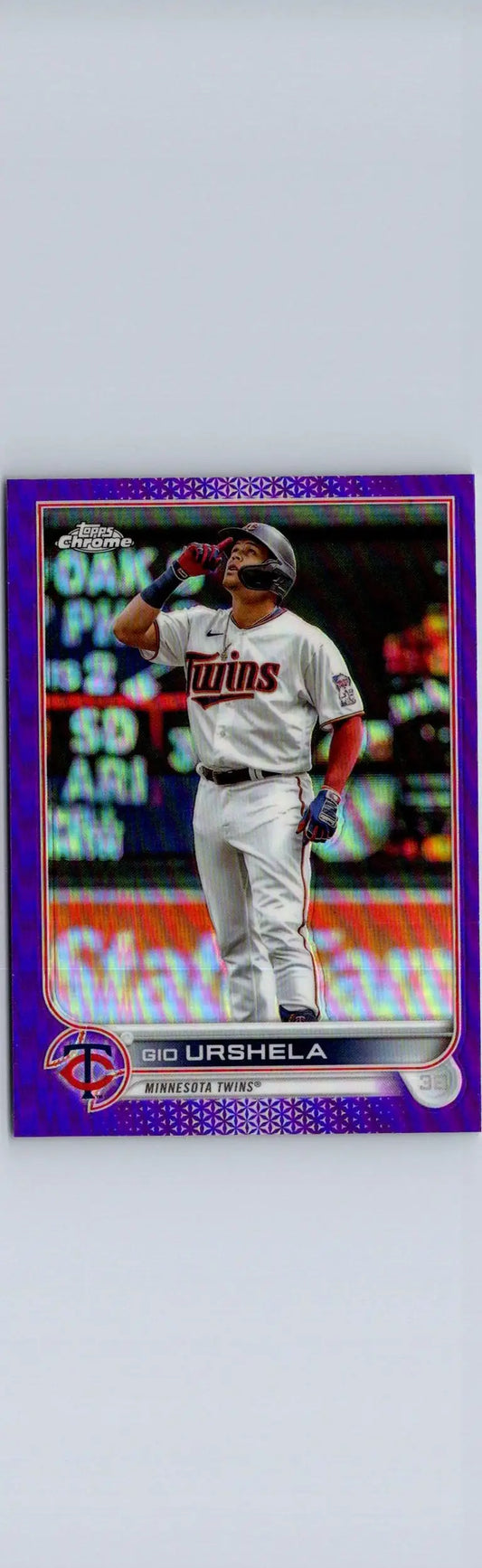 Purple baseball card featuring Gio Urshela from 2022 Topps Update US130 Gio Urshela Purple