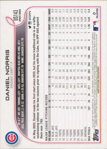 2022 Topps Update Daniel Norris baseball card with original gloss near mint Cubs ID 47488