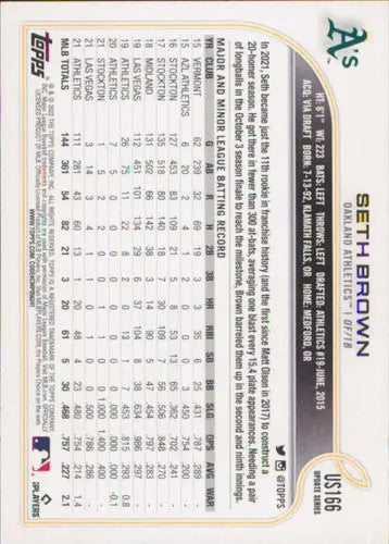 Original gloss baseball trading card of Seth Brown from 2022 Topps Update US166 seth brown series